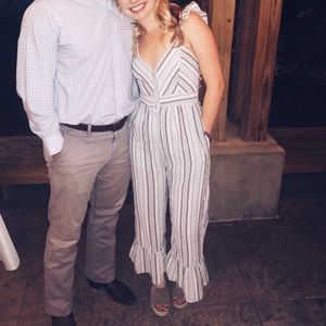 Striped Linen Jumpsuit with Ruffle Detail